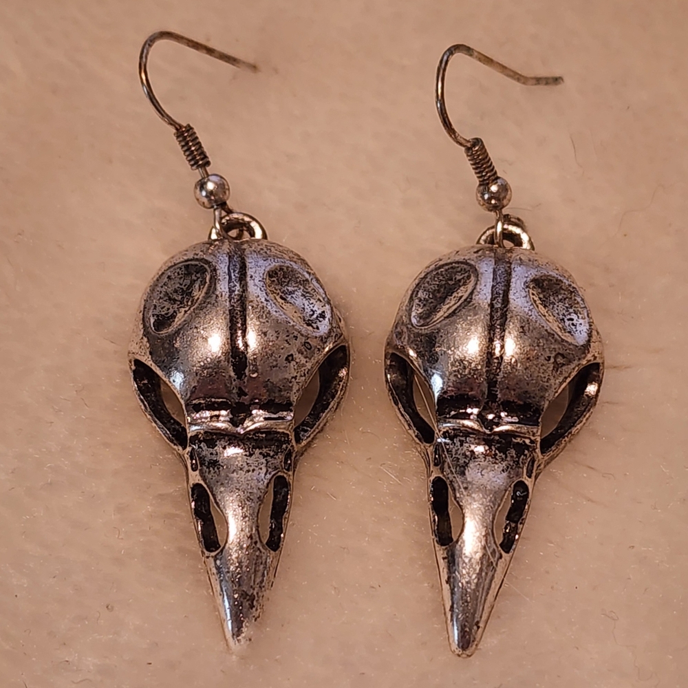 Silver Crow Skull Earrings